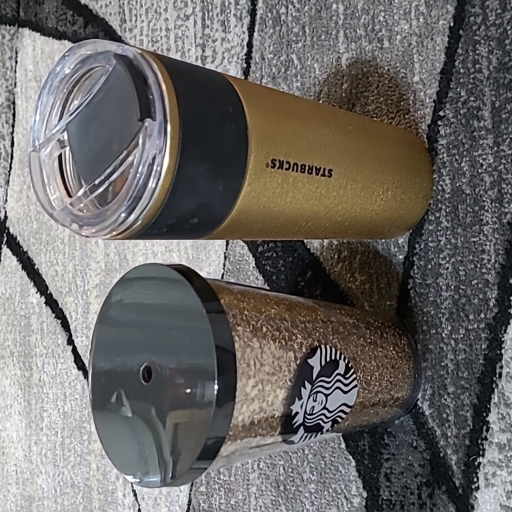 STARBUCKS GOLD GLITTER COLD TUMBLER STAINLESS STEEL GOLD-BLACK GRIP BUNDLE PRICE
